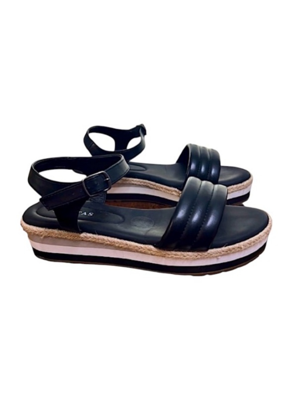 Elditas Sandals Black strappy slight platform buckle closure ratan details  8.5